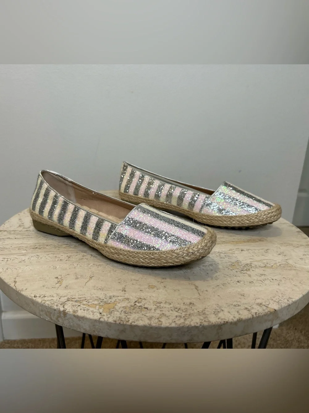 Joan Boyce Glitter Striped Espadrille Flats in Silver and Beige Size 8.5W